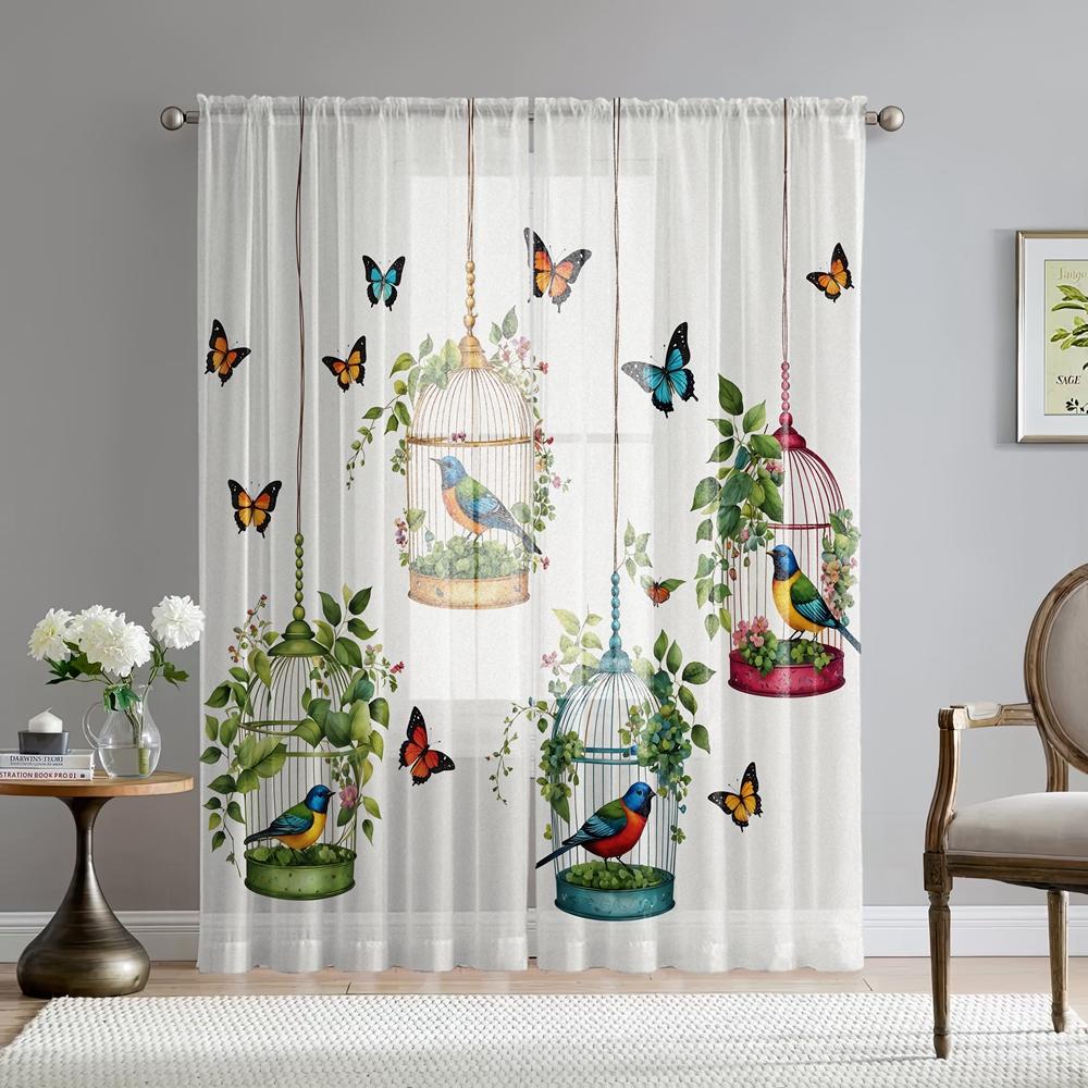 2 Pieces HD Digital Butterfly Caged Bird Printed Window Valance Home Decorating Style Decorating Living Room Bedroom Rodding Cur