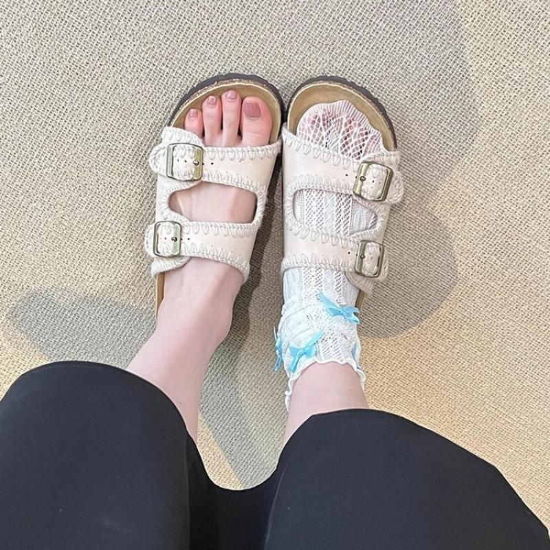 Sheepskin version~ Round head leather outer wear open-toed women's retro thick-soled versatile comfortable flat-bottomed one-word slippers