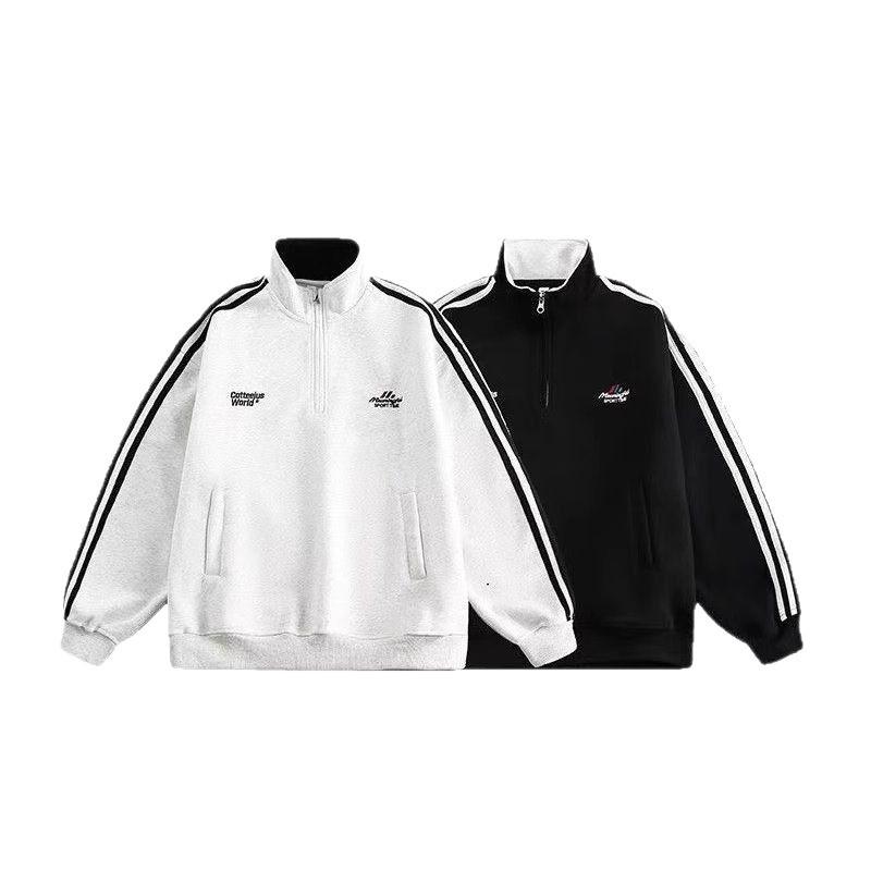 Men's Striped Heavyweight Half-Zip Hoodie, Loose Fit with Letter Embroidery and Stand-Up Collar - Versatile Autumn/Winter Sportswear Jacket