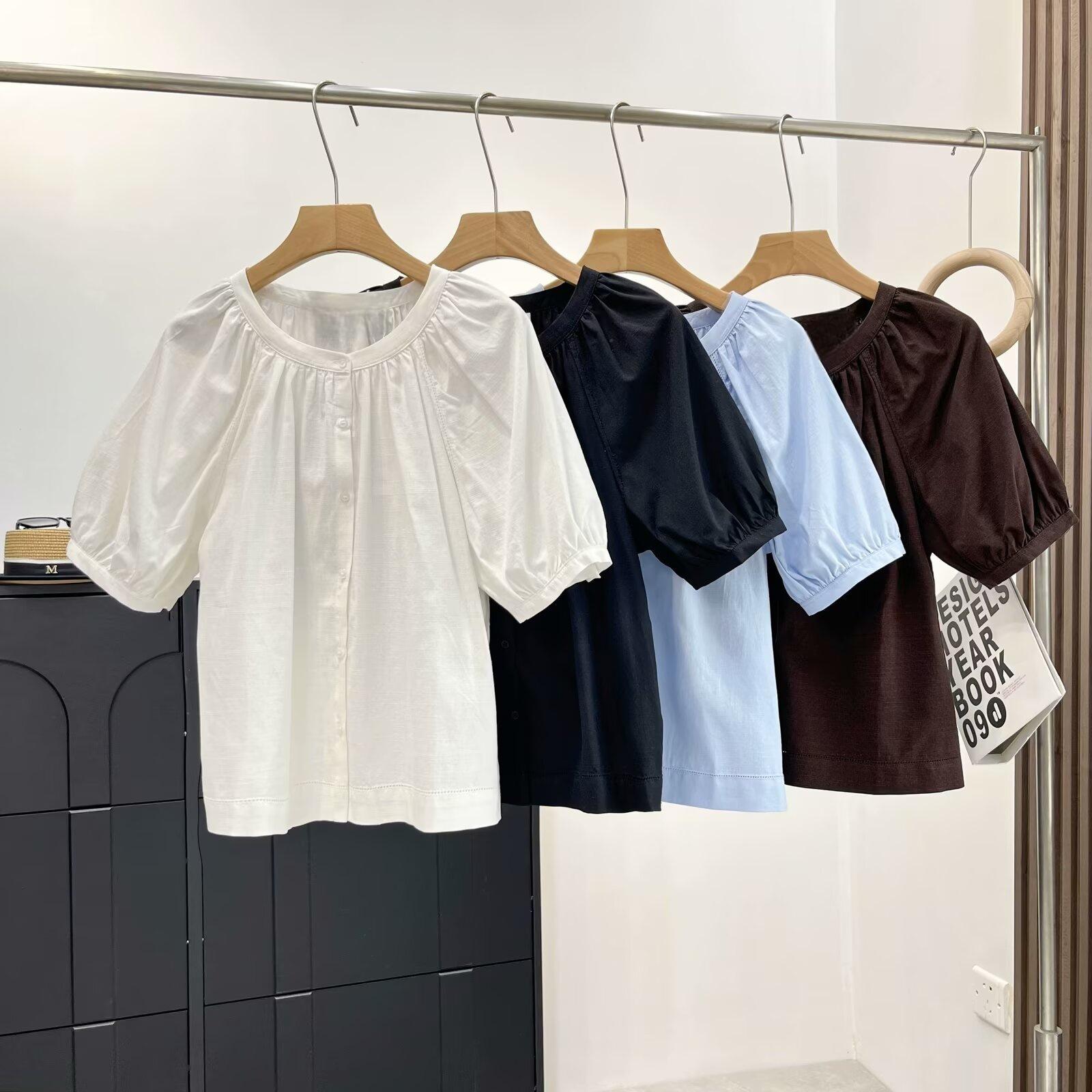

2025 Summer Cotton Blend Puff Sleeve Pleated Loose-Fit Round Neck Top Medium