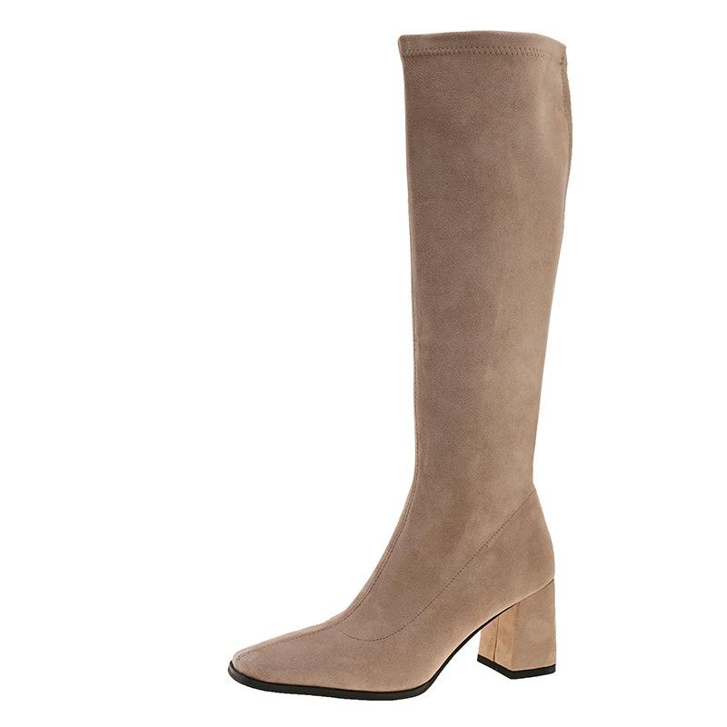 

Foreign style explosive long boots women s autumn and winter new velvet high tube over the knee khaki boots long tube elastic thin boots 41