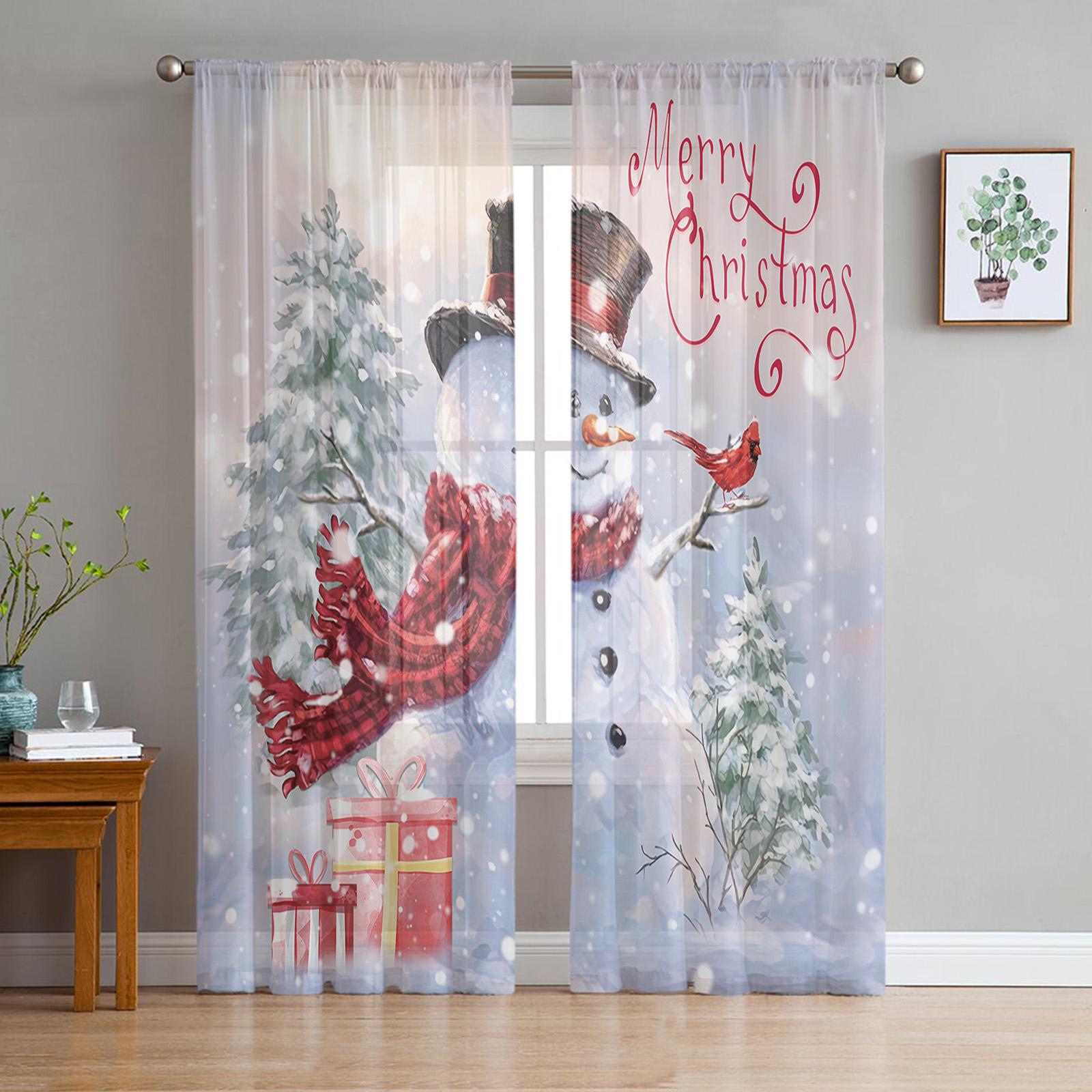 

Рождественский снеговик кардинал спальня прозрачные прозрачные шторы праздничное украшение оконная вуаль тюлевая занавеска 135W x 114H(cm)