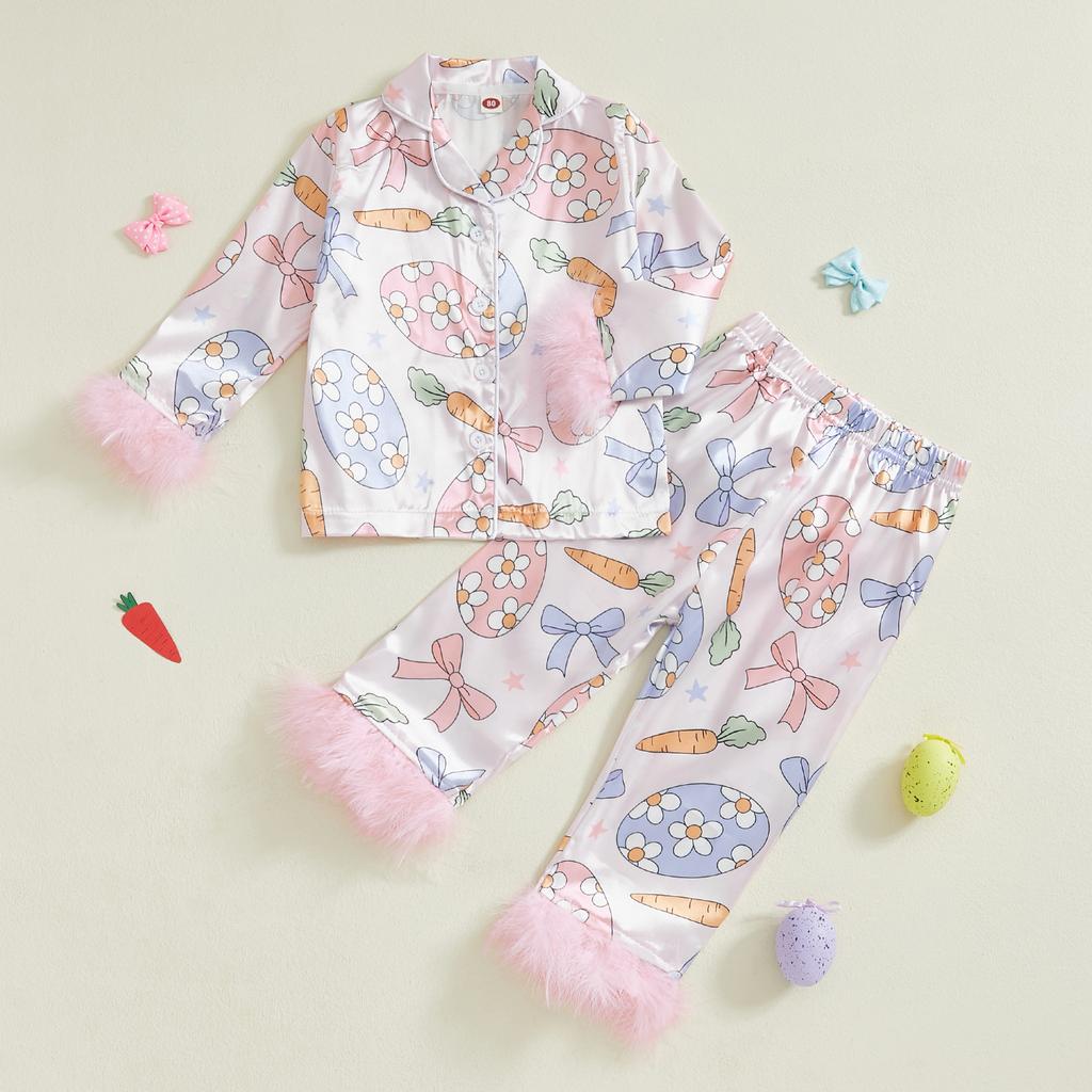 Baby Girls Easter Pajamas Feather Cuffs Egg Bow Print Button Long Sleeves Shirt with Elastic Pants for Loungewear