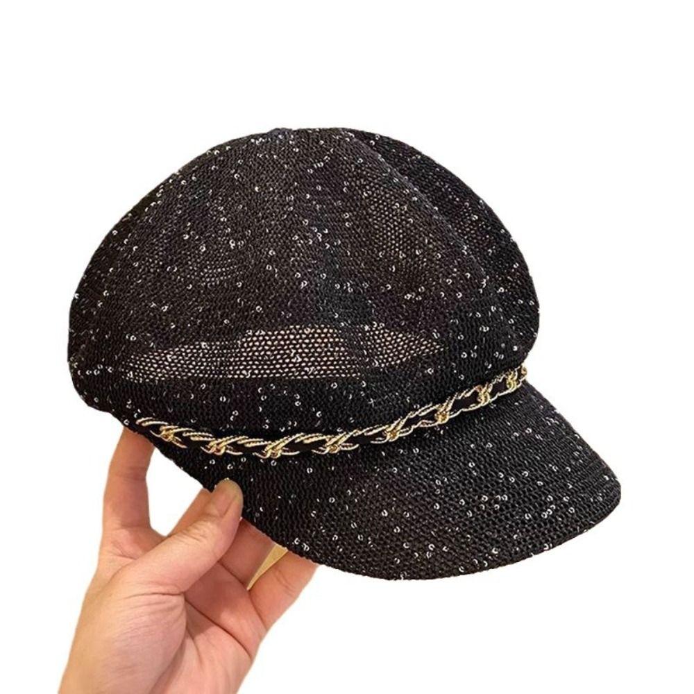Leather Buckle Hollow Octagonal Hat Sun Protection Peaked Cap Breathable Hat  Spring Summer