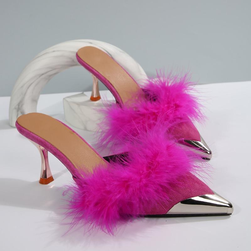 

Женские туфли-шлепанцы на высоком каблуке, весна, новинка, металлический острый носок, неглубокий вырез, плюшевые слипоны, противоскользящие, износостойкие, сандалии на каблуке 40