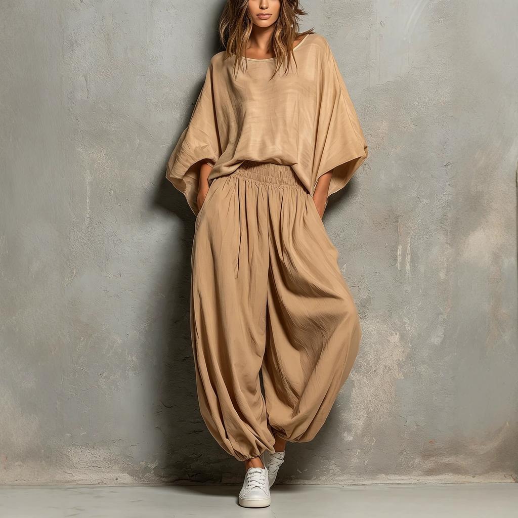 European and American women's clothing 2026 autumn and winter new fashion casual round neck loose top wide leg pants two-piece set