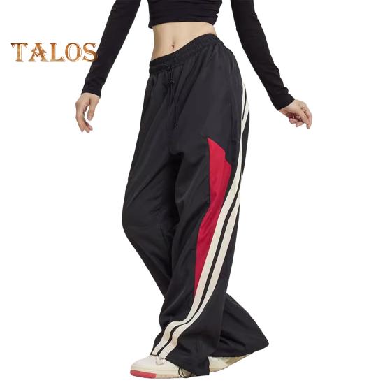 Women Pants Elastic High Waist Adjustable Drawstring Wide-Leg Vertical Stripe Stitching Pants Retro Street Style Sport Trousers