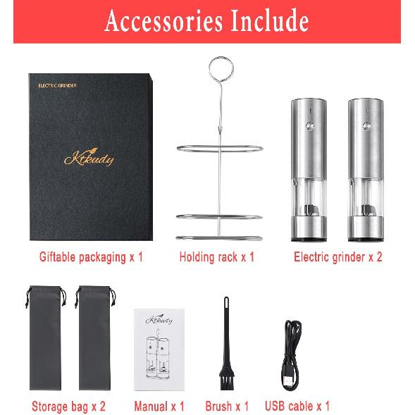 Rechargeable Electric Salt and Pepper Grinder Set with Holder - Nicely Packaged Giftable - No Battery Needed - Automatic Pepper Mill & Adjustable