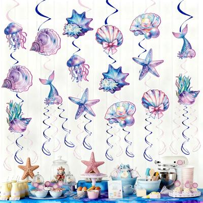 8pcs Mermaid Spiral Pendant Ocean Theme Shell Starfish Jellyfish Home Restaurant Party Decoration Birthday Gift