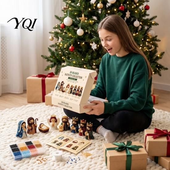 Family Parent Child Activity 3D Nativity Bead Craft Kit for Christmas Decoration, DIY Beaded Winter Holiday Ornaments Scene Figurine Set Adults