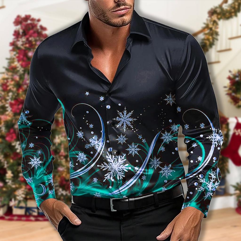 Christmas Men's Christmas Scene Printing Shirt Snow Snow Casual Fashion Lapel Button Long-sleeved Party Autumn Shirt