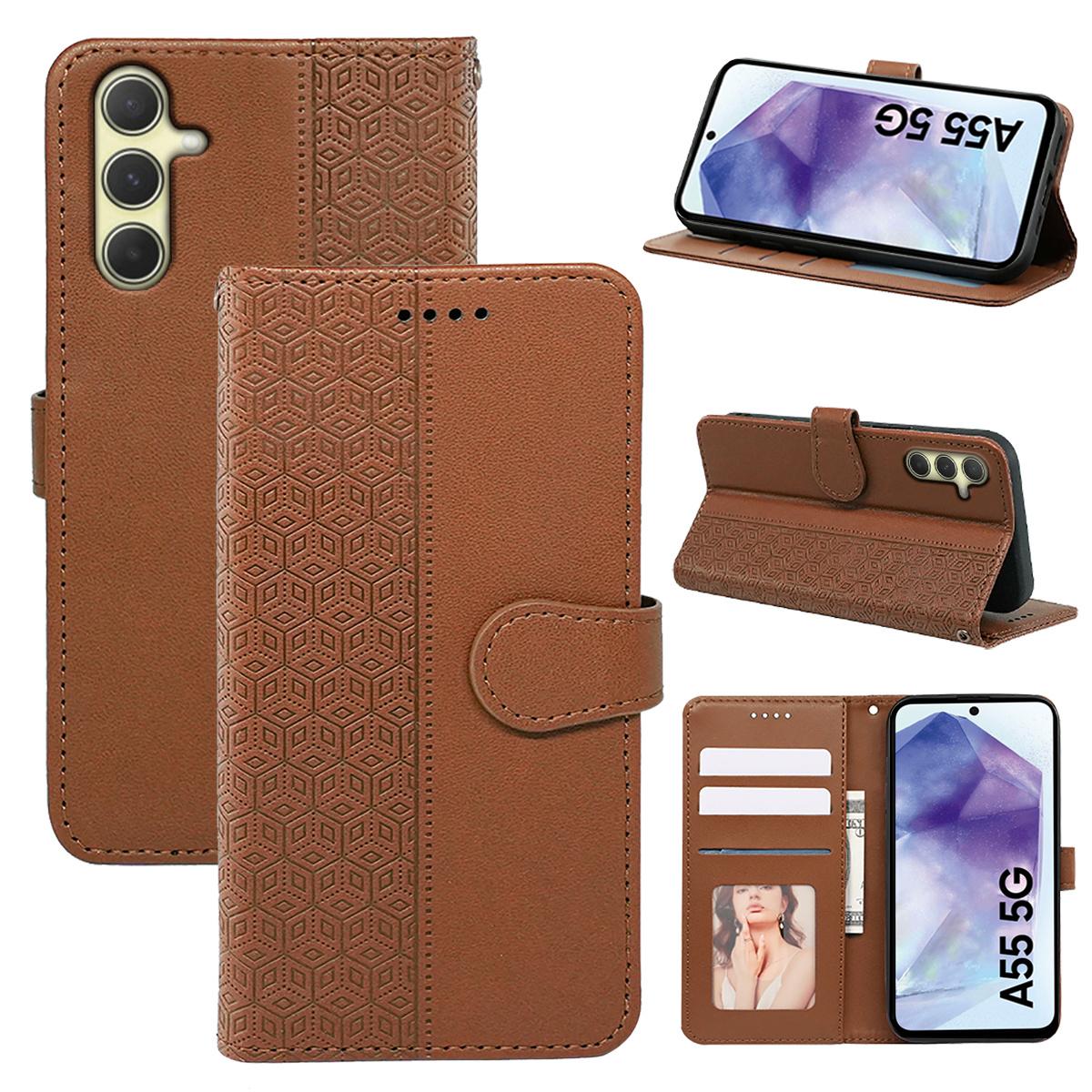 

Для Samsung Galaxy A55 5G Чохол з кубічним сітчастим відбитком, гаманець з PU шкіри, чохол для телефону Brown