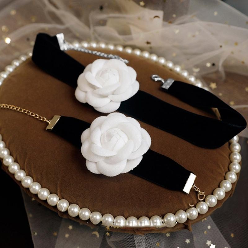 Elegant Camellia Choker Necklace Bracelet White Flower Collar Necklace Vintage Velvet Choker Bracelet Fashion Jewelry