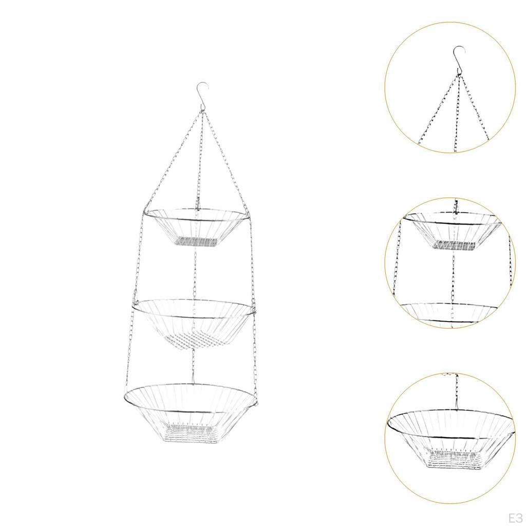 3 Tier Hanging Fruit and Vegetable Basket Holder,Iron,with Hook,Wrought Iron