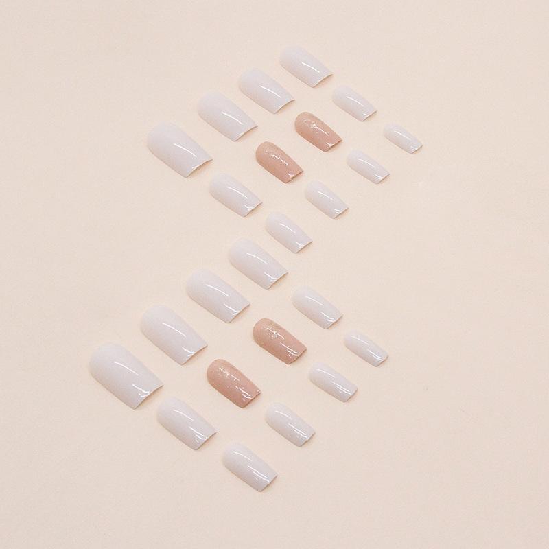 Pătrat mediu și lung, simplu, alb, cu sclipici, nail art cu sclipici de culoare caise, piese de artă pentru unghii, 24 bucăți
