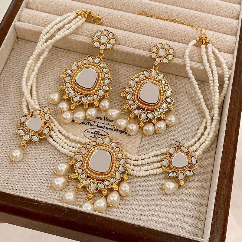 Vintage Waterdrop Pendant Multi-layer Simulation Pearl Necklace Bridal Choker Chain Earrings