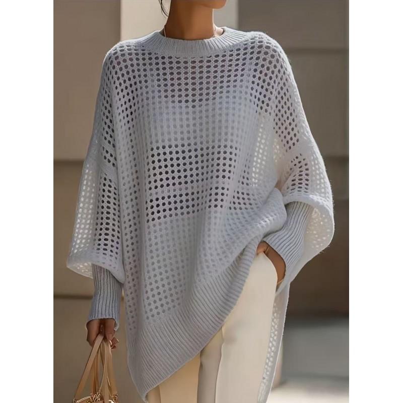 Oversized 2026 Knit Sweater Women Loose Fit Crochet Cutout Top Long Sleeve Round Neck Casual Pullover
