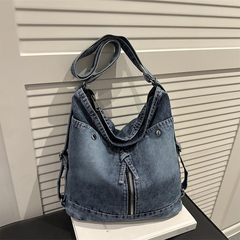 Vintage Denim Hobo Bag, Large Capacity, Zipper Decor, Adjustable Strap, 3-in-1 Shoulder Crossbody Backpack For Women