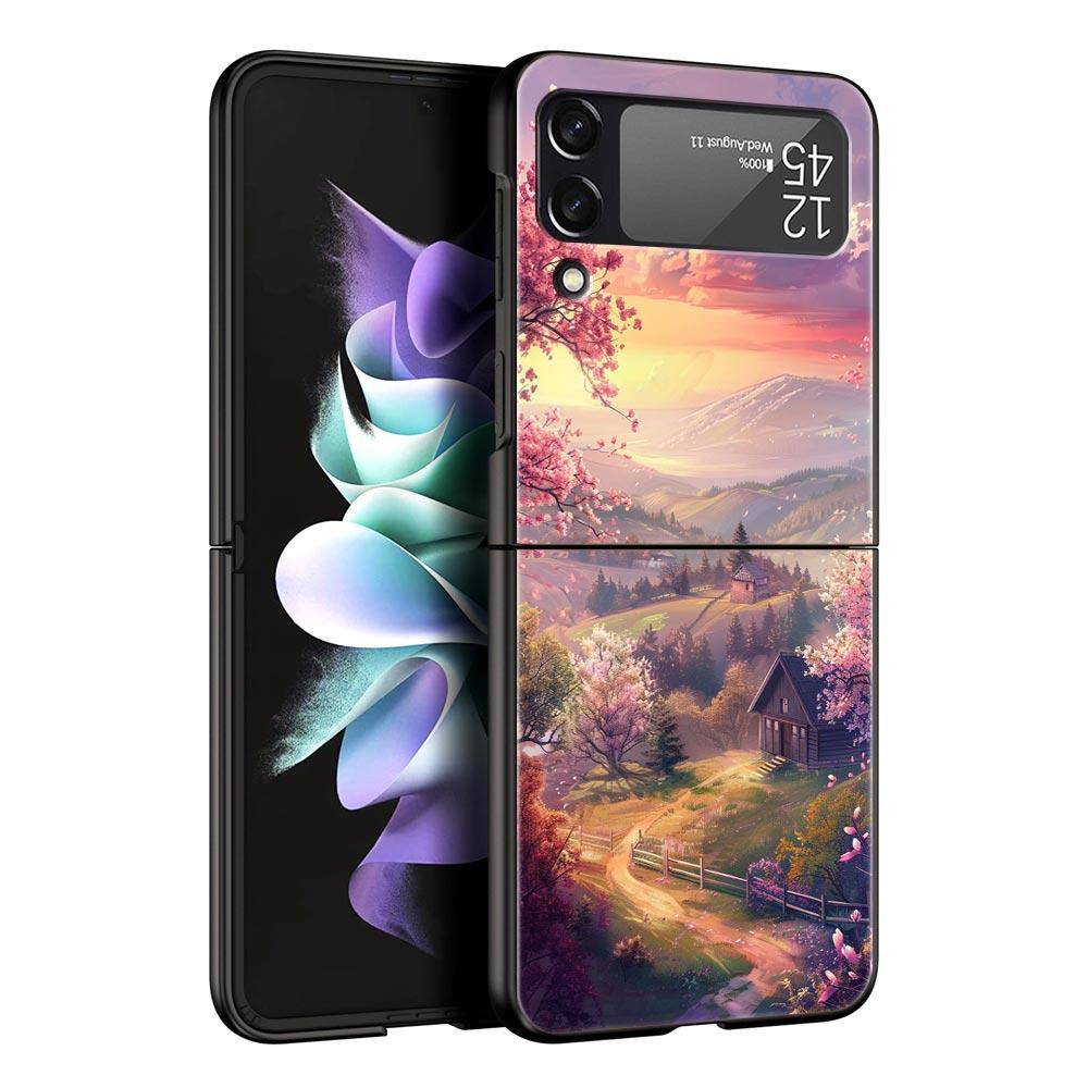 Korean Flower Hard PC Phone Case For Samsung Galaxy Z Flip 7 6 5 4 Black Cover For Galaxy Z Flip 3 Foldable Shell Fundas Capas