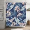 Modern Tropical Blue Pink Feather Shower Curtain for Bathroom Decor Navy Floral Pattern Waterproof Fabric Size180x245cm (70x96