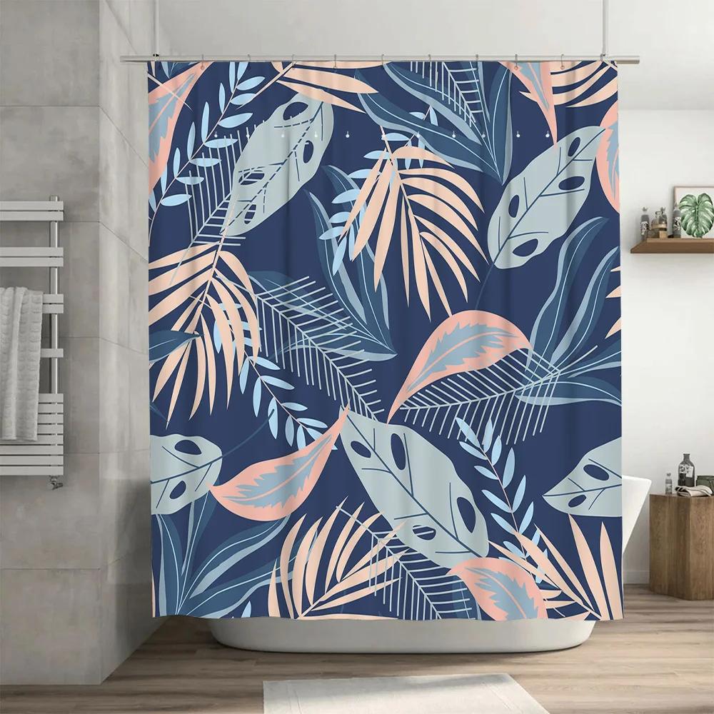 Modern Tropical Blue Pink Feather Shower Curtain for Bathroom Decor Navy Floral Pattern Waterproof Fabric Size180x245cm (70x96