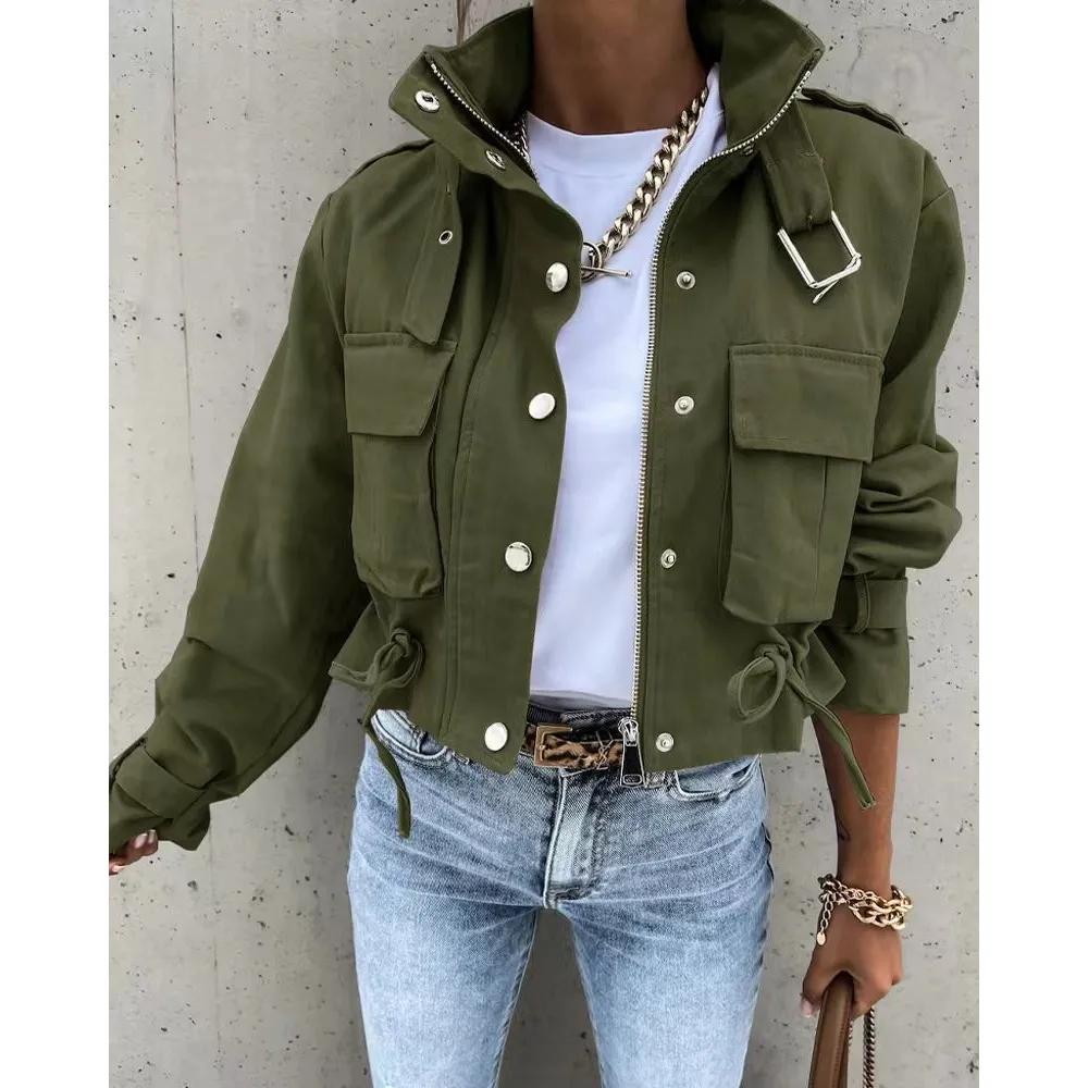 Women Jacket Clothing Streetwear Autumn Spring Elegant Slim Round Neck Solid Pocket Button Design Long Sleeve Workwear Coats