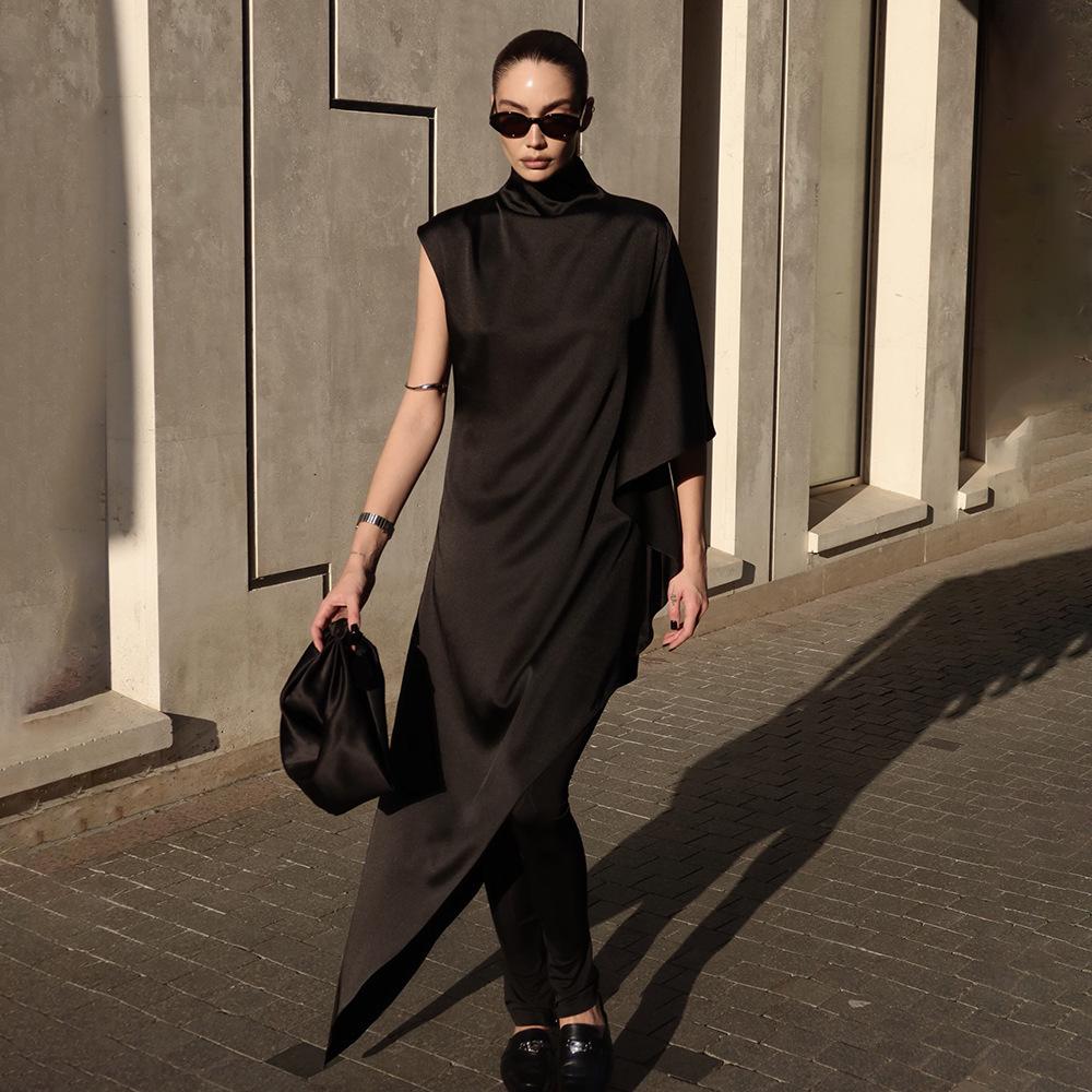 

Женское асимметричное вечернее платье без рукавов - стиль знаменитости, осеннее однотонное с полувысоким воротом Large чёрный