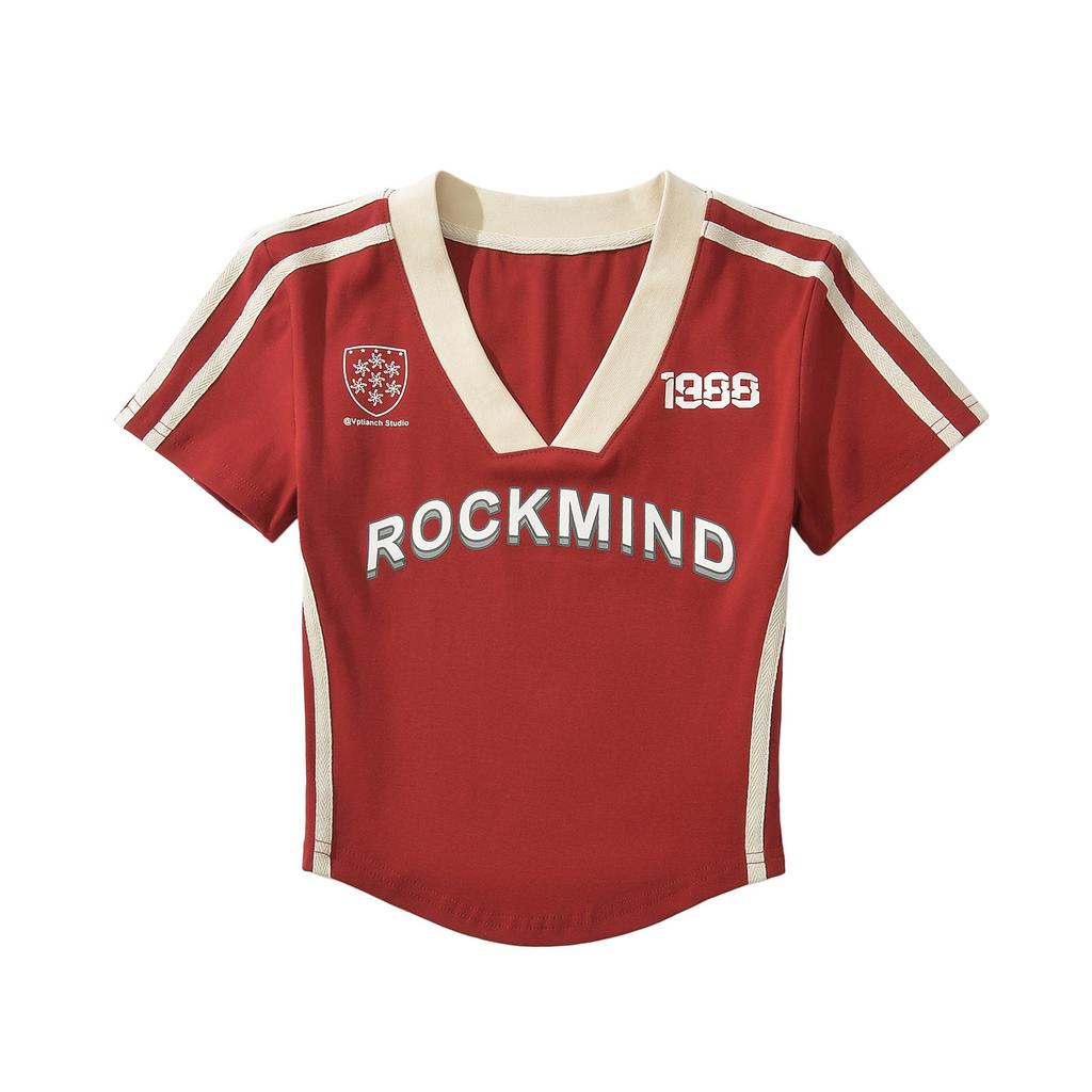 Nuova T-shirt sportiva casual estiva da donna, stile Spice Girl americana, con abbinamento di colori, manica corta con scollo a V, aderente e sottile.