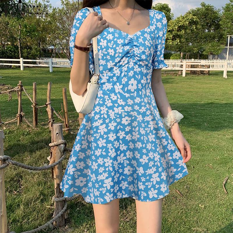 

ZANZEA женское летнее свободное платье с квадратным вырезом и короткими рукавами, плиссированной талией и цветочным принтом