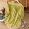 Women's Solid Color Cotton And Linen Short-sleeved Embroidered Retro Breathable T-shirt Round Neck Top