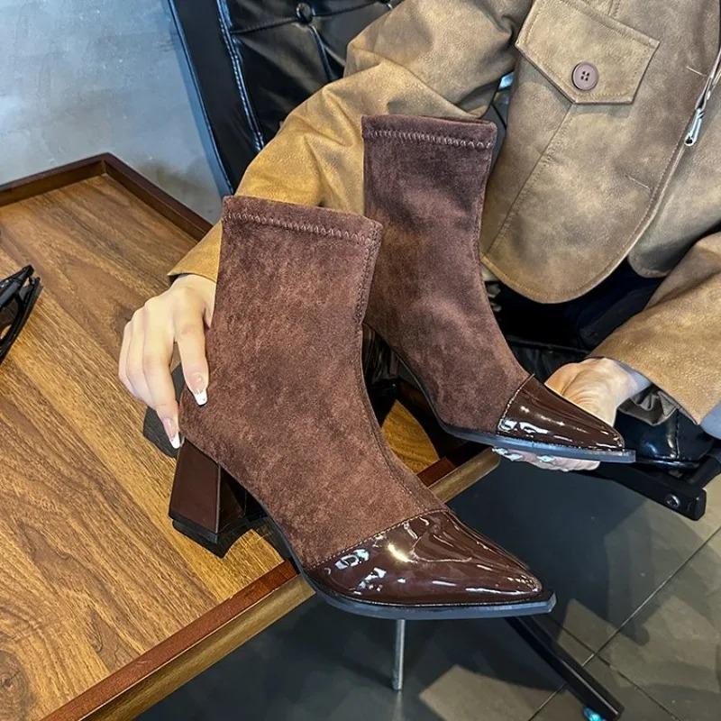 Autumn Vintage Slimming Women Ankle Boots Ladies Concise Pointed Toe Low Heel Short Botas  De Mujer