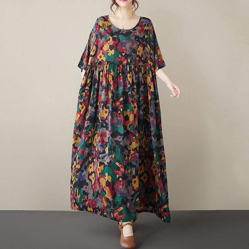 Kurzarm Plus-Size-Baumwolle im Vintage-Stil mit Blumenmuster, neu in Kleidern für Damen, lässiges, lockeres, langes Sommerkleid