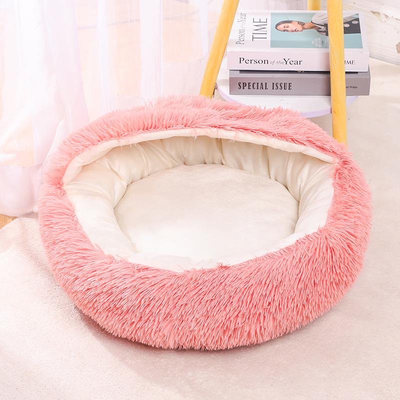 Cozy Plush Cat Bed - Round, Semi-Enclosed for Deep Sleep