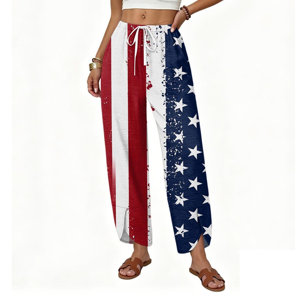 Women Casual Loose Straight Leg Wide Leg Drawstring Printed Long Pants with Pockets for Everyday Relaxed Wear