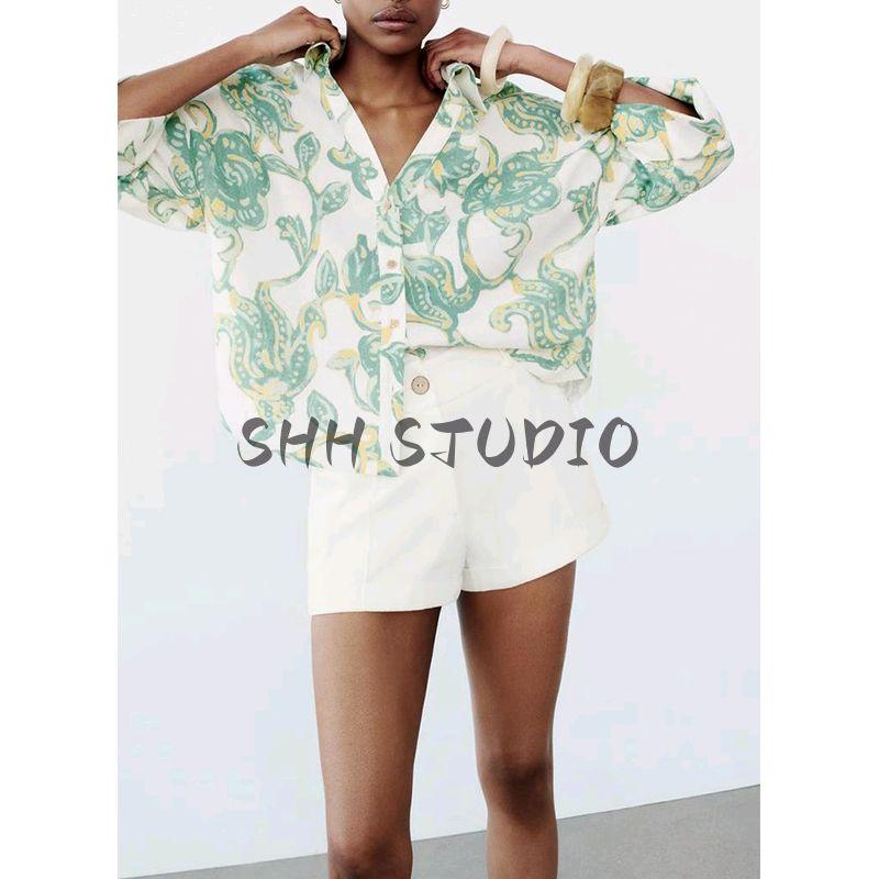 Spring New Women's Clothing French Simplicity Style Light Spring Linen Blended Wide Sleeve Plaid Shirt 2340939