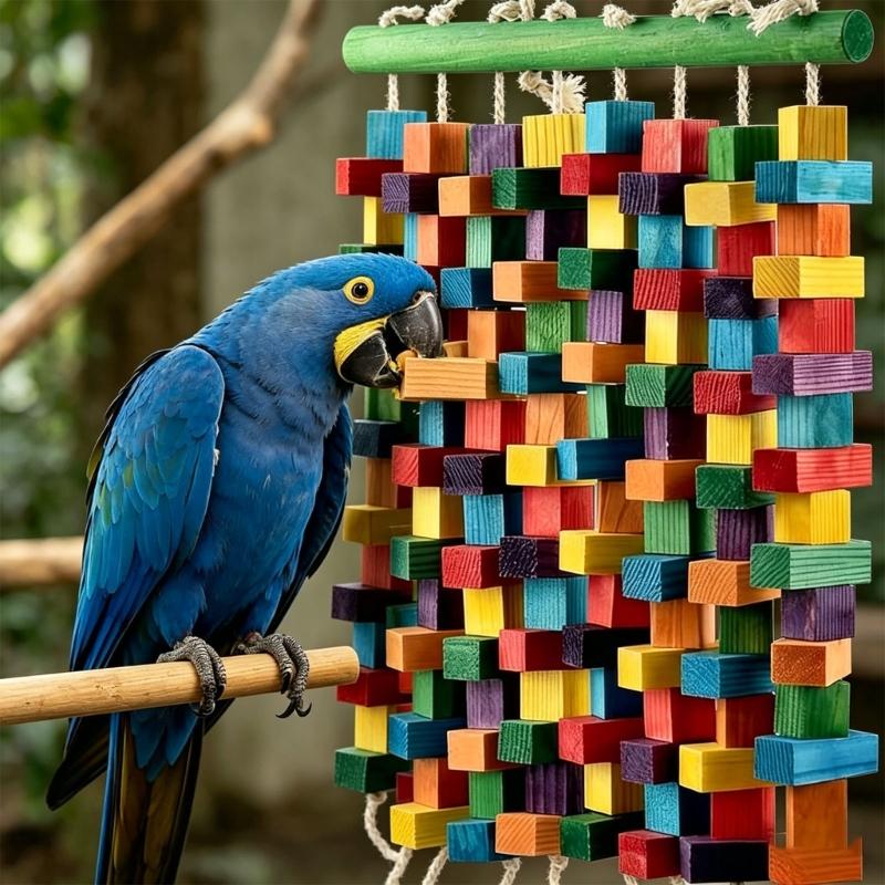 Hookbill Chewing Accessory Natural Wooden Bird Stand Featuring Various Colored Factors And Cables For Medium Large Hookbills