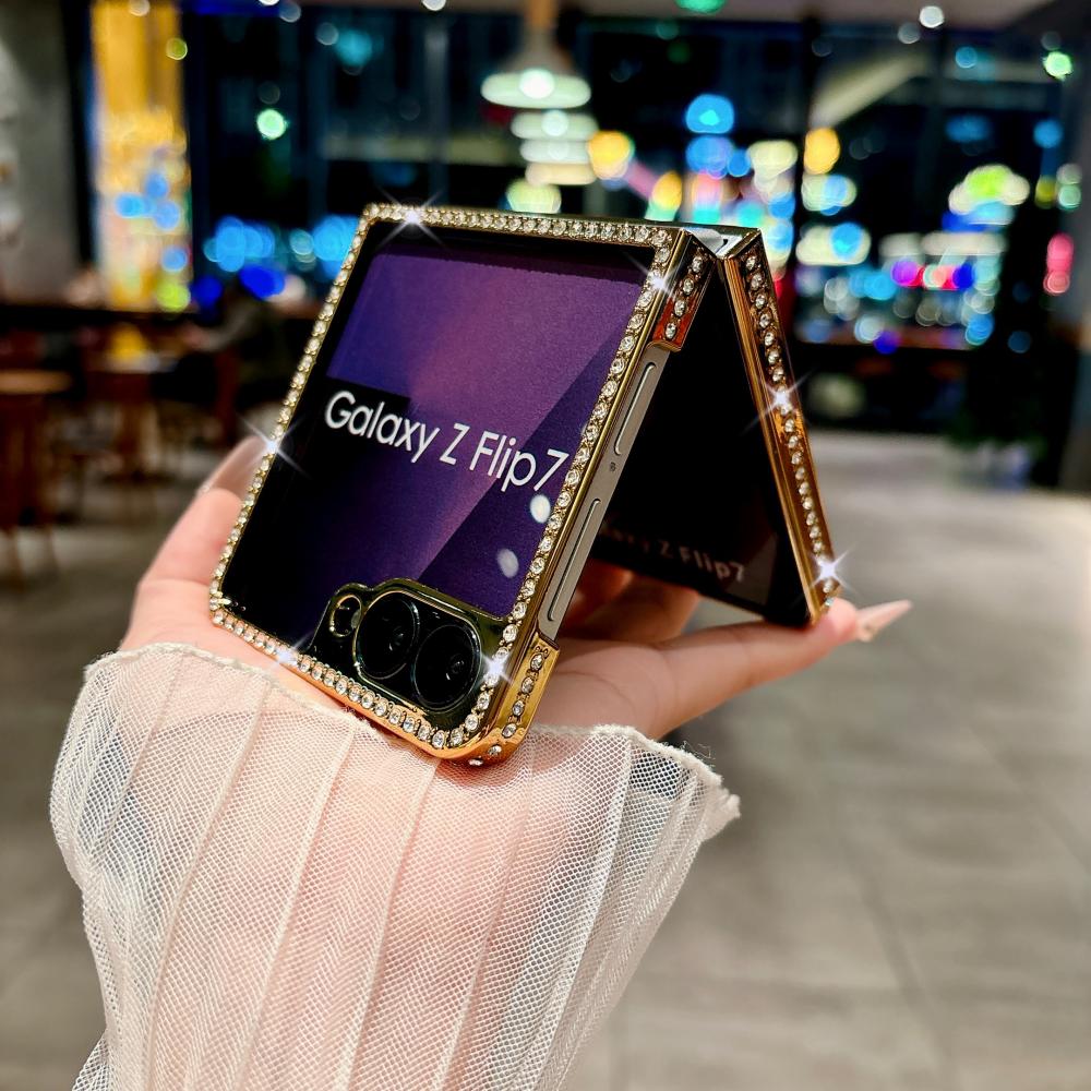 Lambskin Quilted Leather Case For Samsung Galaxy Z Flip 7 6 5 4 3 Cover Bling Diamond Shockproof For Samsung Galaxy 7 6 5 Z Flip