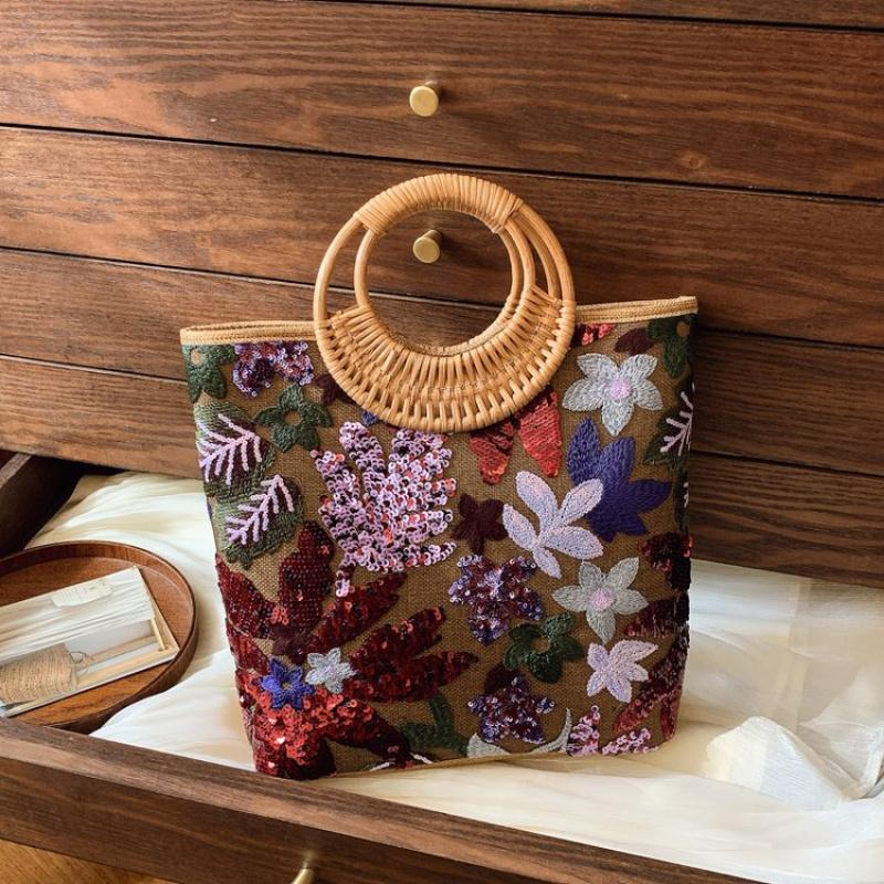 Ethnic Style Flower Embroidery Canvas Tote Bag Large Capacity Handbag For Women Top Handle Shopping Handbags