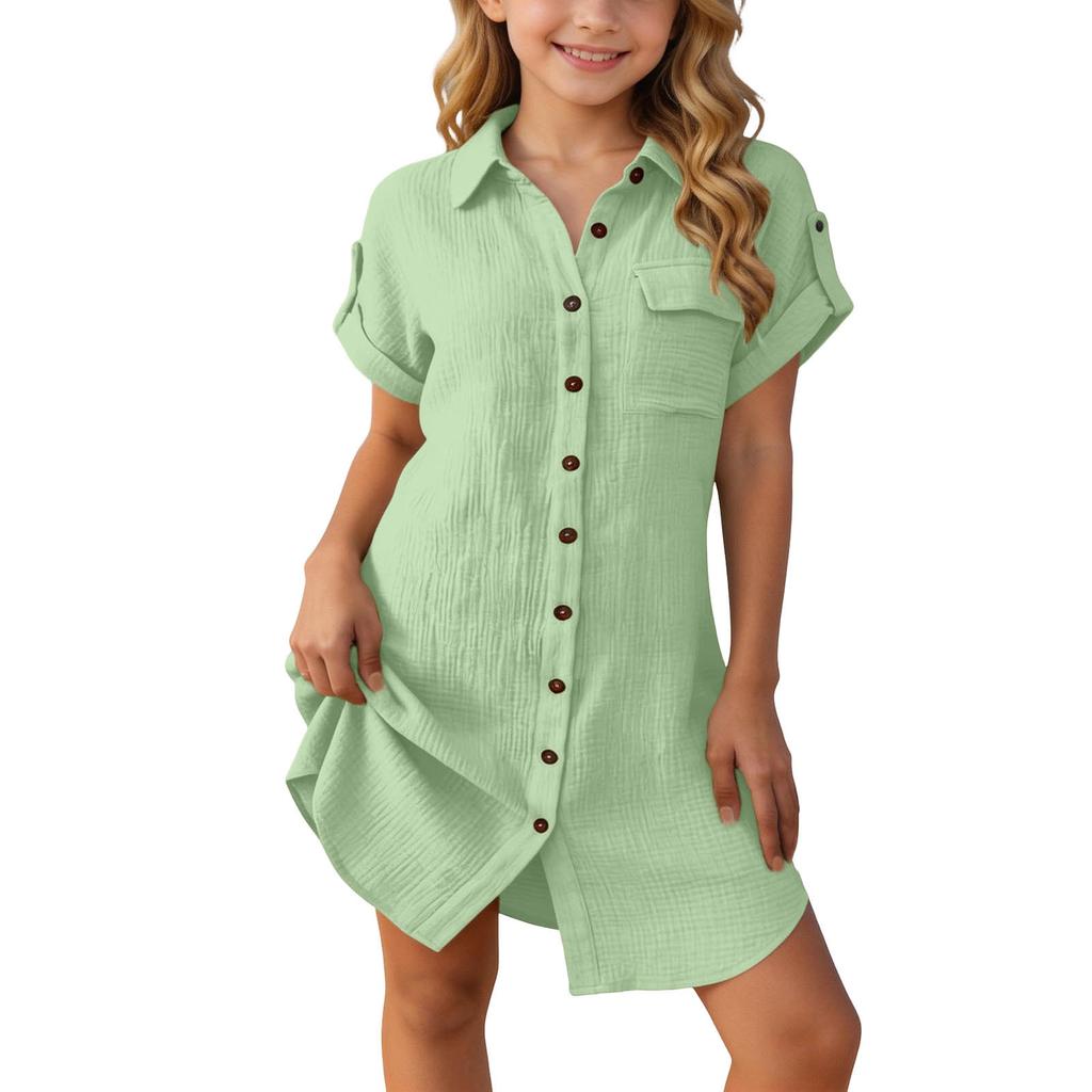 Girls Casual Short Sleeve Shirt Dress Loose Fit Button Down Collared Dress Lightweight Summer Dress for Kids