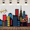 Un banner di skyline cittadino a tema supereroi - un tessuto di sfondo in poliestere dai colori vivaci