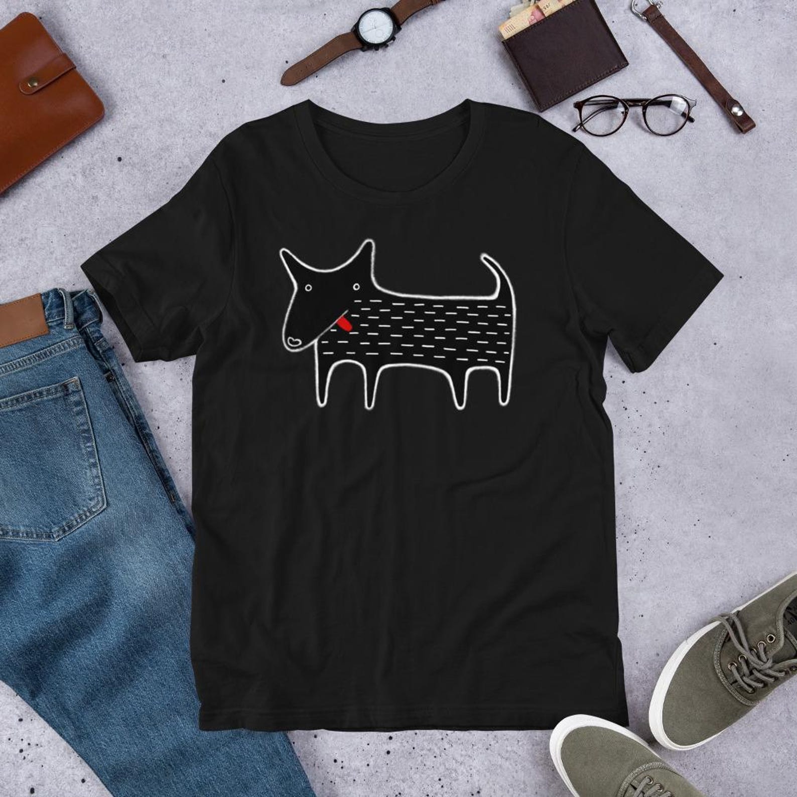 STRAIGHT CUT T-SHIRT Black Dog Kawaii Folk Art Animal Graphic Tee Whimsical Housewarming Funny Dog Lover Gifts Birthday Weird Derpy Cute XXXL