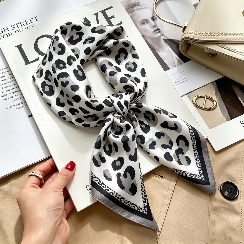 Commuter elegant flower silk scarf women's contrasting color retro printing satin scarf shirt with multi-purpose decorative small scarf