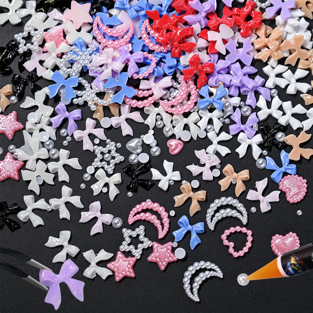 Kawaii Colorful Mixed Resin Rhinestone Nail Art Charms Bowknot Pearls Kit DIY Manicure Decorations Box With Wax Pen Tweezers