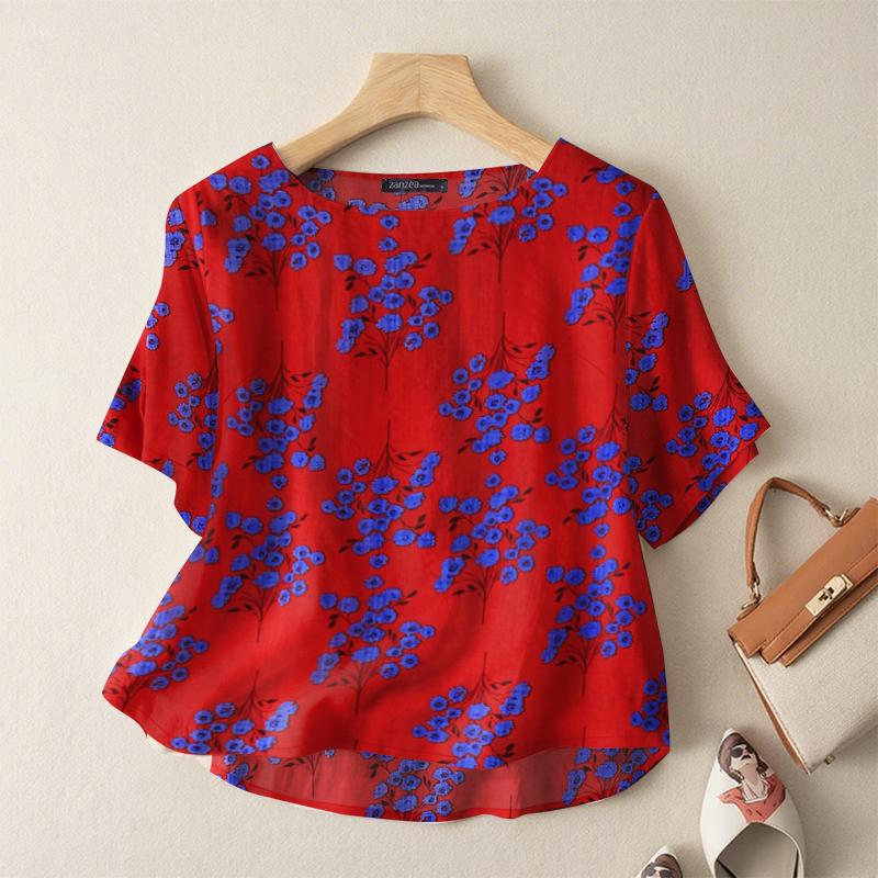 

ZANZEA Женская повседневная блузка с круглым вырезом, коротким рукавом и принтом M красный