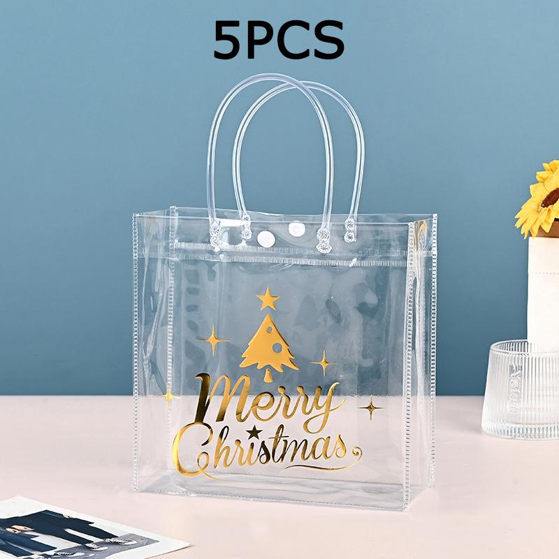 

WTEMPO Clear PVC Christmas Gift Bags with Handles Transparent Simple Retro Elegant Printed Handbags Halloween Trick or Treat Presents Packaging Bags 5pcs золотой