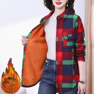 Women's Long Sleeve Velvet Shirt Autumn Spring Plus Blouse Thicken Plaid Shirt