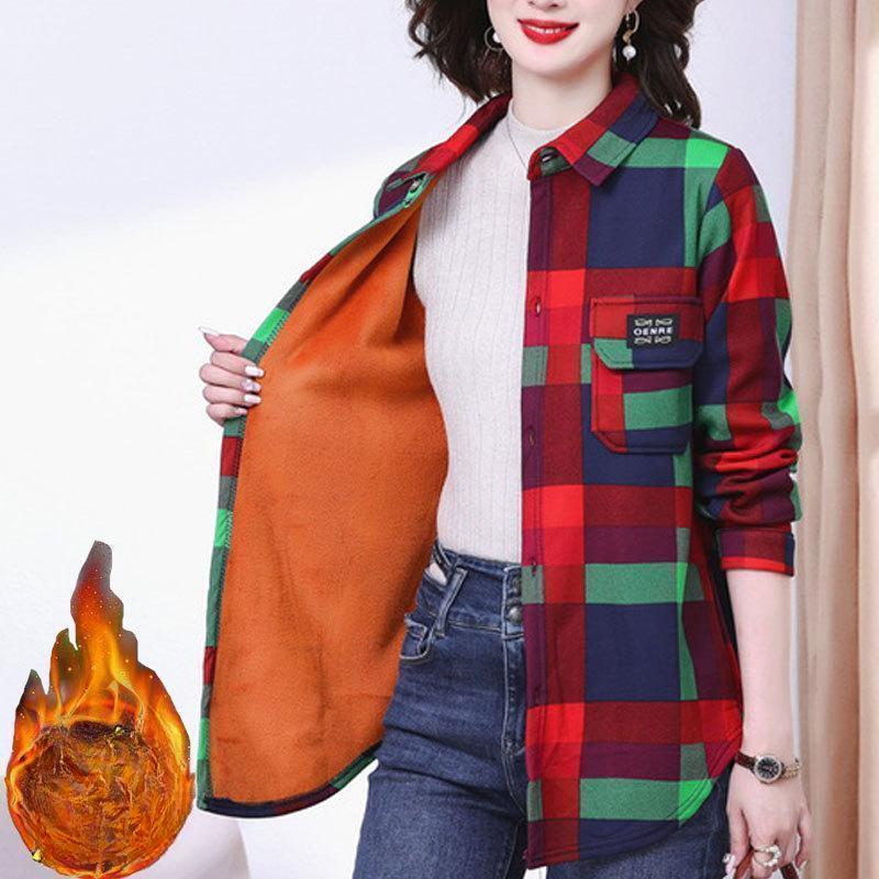 Women's Autumn and Winter Plus Velvet Long-sleeved Shirt Blouse Plaid Shirt