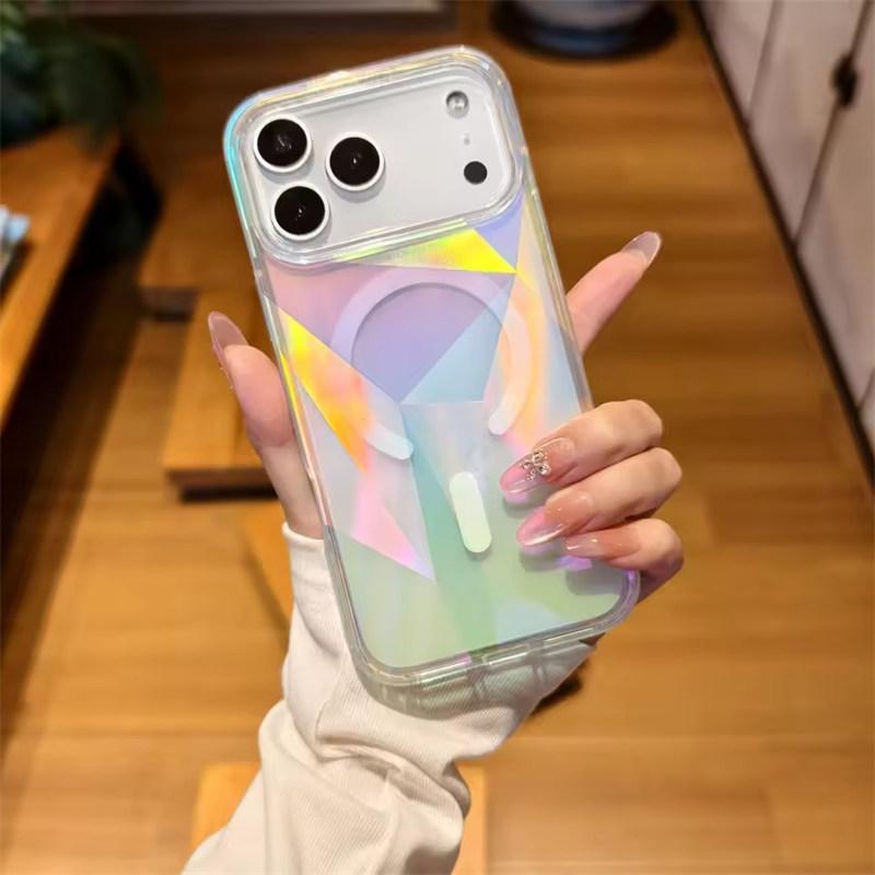 

Магнитный чехол с лазерным градиентом «Аврора» для iPhone 17 16e 15 14 13 12 11 Pro Max Plus Air Беспроводная зарядка для MagSafe Ударопрочный чехол iPhone 17 Pro Max