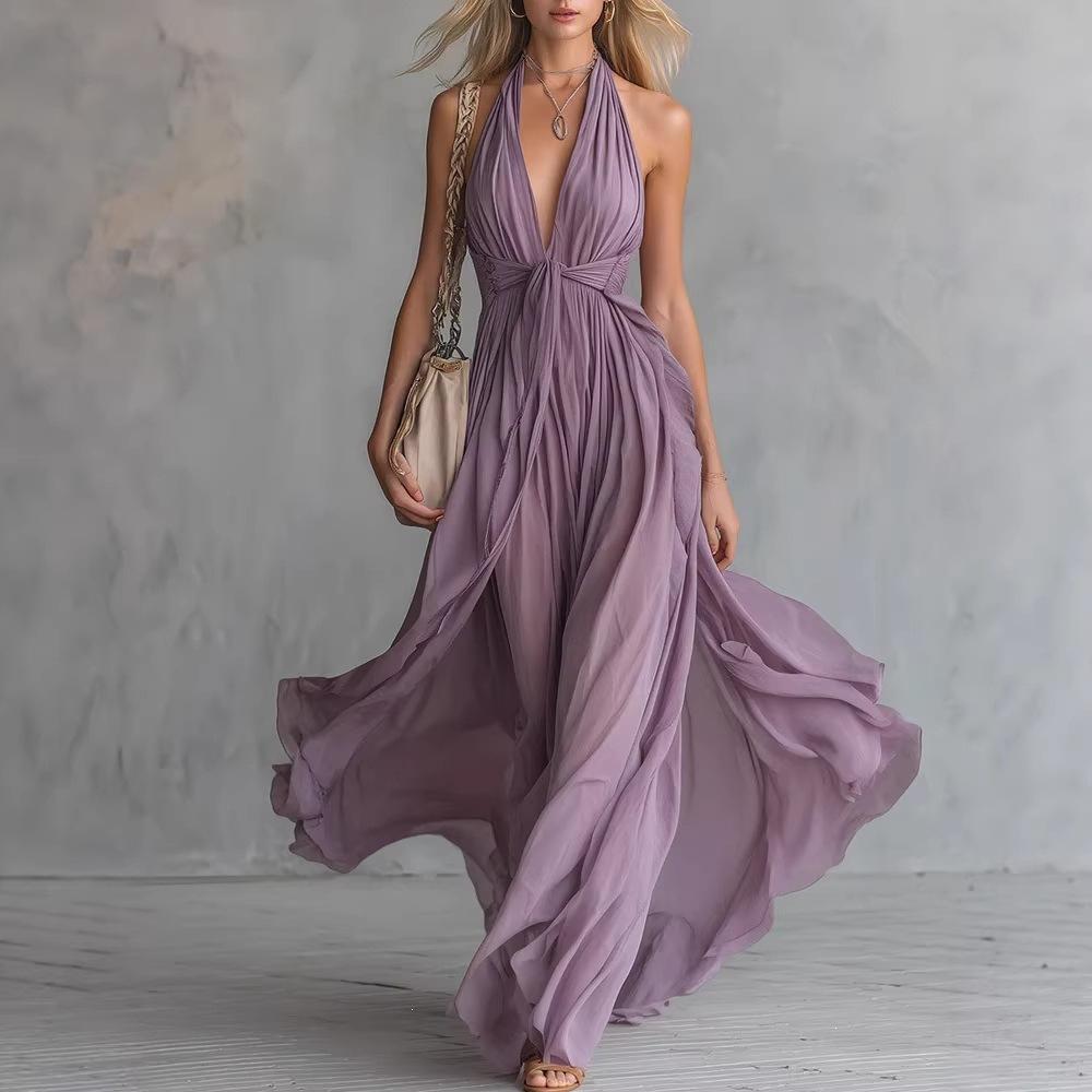 Summer women's clothing, solid color V-neck sleeveless sexy waist and thin dress, new in autumn