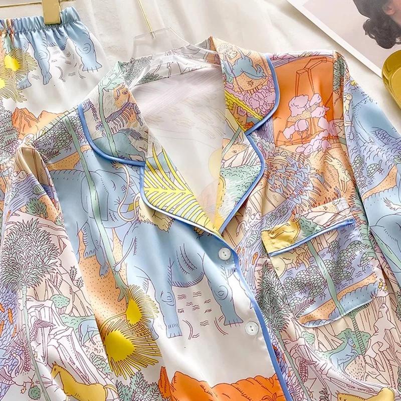 Women's Pajamas Sets Spring Autumn 2 Piece Animal Print Pyjama Faux Silk Satin Sleepwear Long Sleeve PijamaHomewear